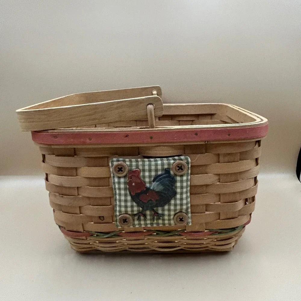 Vintage Farmhouse Woven Wood Basket with Rooster Patch and Swing Handle